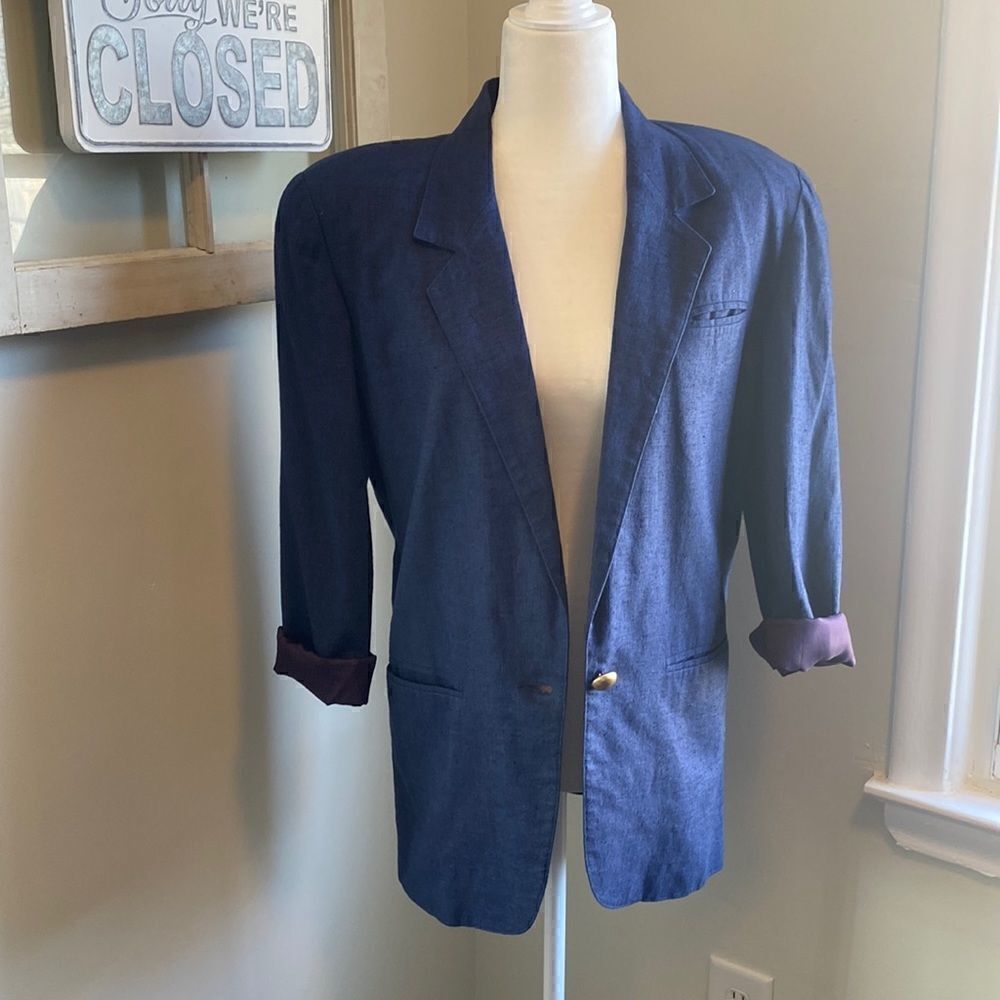 𝅺express Vintage 1990s Oversized Linen One Button Blazer with Shoulder Pads